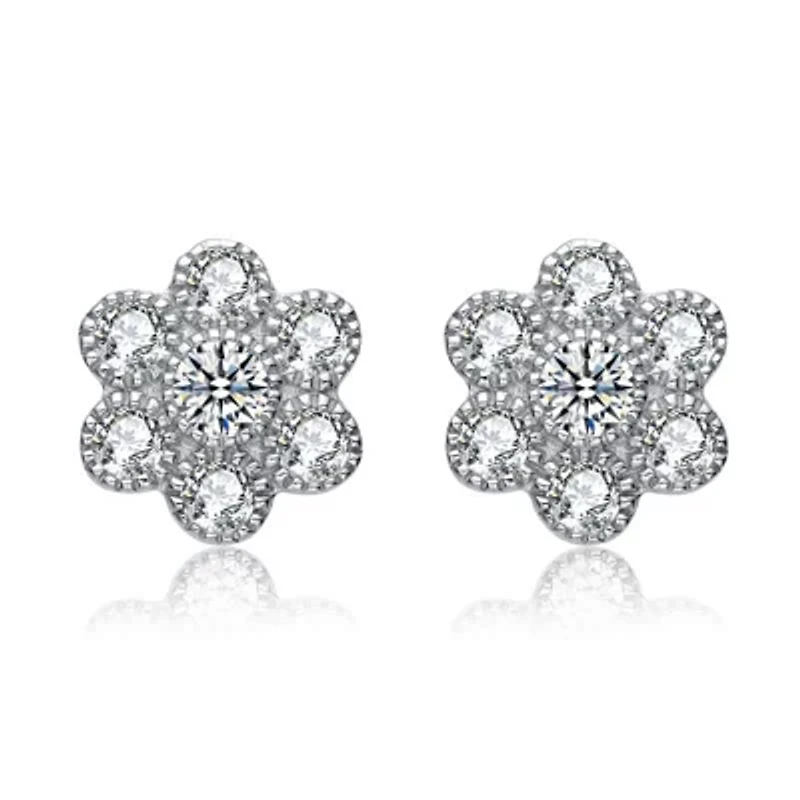 Lab Created Sterling Silver White Gold Plated with Clear Cubic Zirconia Flower Shape Stud Style Earrings