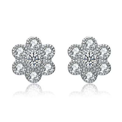 Lab Created Sterling Silver White Gold Plated with Clear Cubic Zirconia Flower Shape Stud Style Earrings