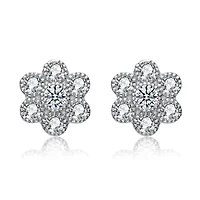 Lab Created Sterling Silver White Gold Plated with Clear Cubic Zirconia Flower Shape Stud Style Earrings