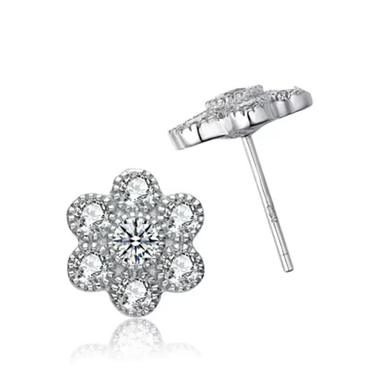 Lab Created Sterling Silver White Gold Plated with Clear Cubic Zirconia Flower Shape Stud Style Earrings