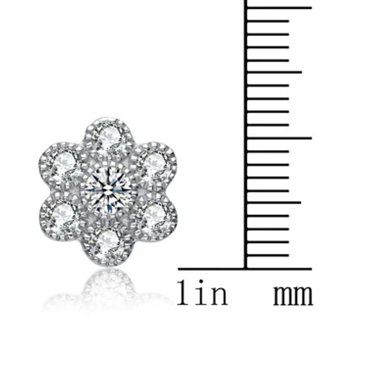 Lab Created Sterling Silver White Gold Plated with Clear Cubic Zirconia Flower Shape Stud Style Earrings