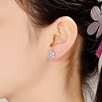 Lab Created Sterling Silver White Gold Plated with Clear Cubic Zirconia Flower Shape Stud Style Earrings