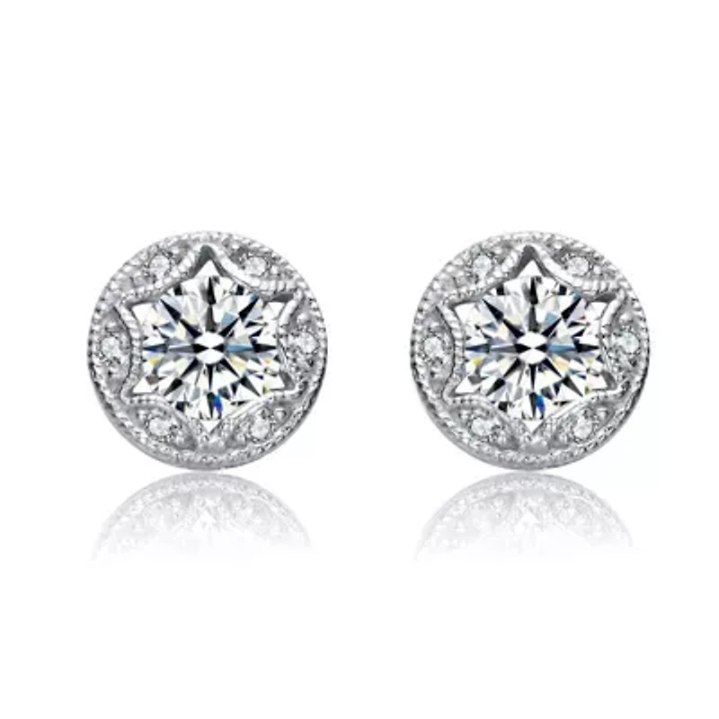 Lab Created Sterling Silver White Gold Plated with Clear Cubic Zirconia Round Stud Earrings
