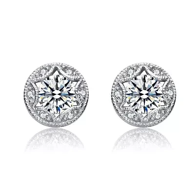 Lab Created Sterling Silver White Gold Plated with Clear Cubic Zirconia Round Stud Earrings