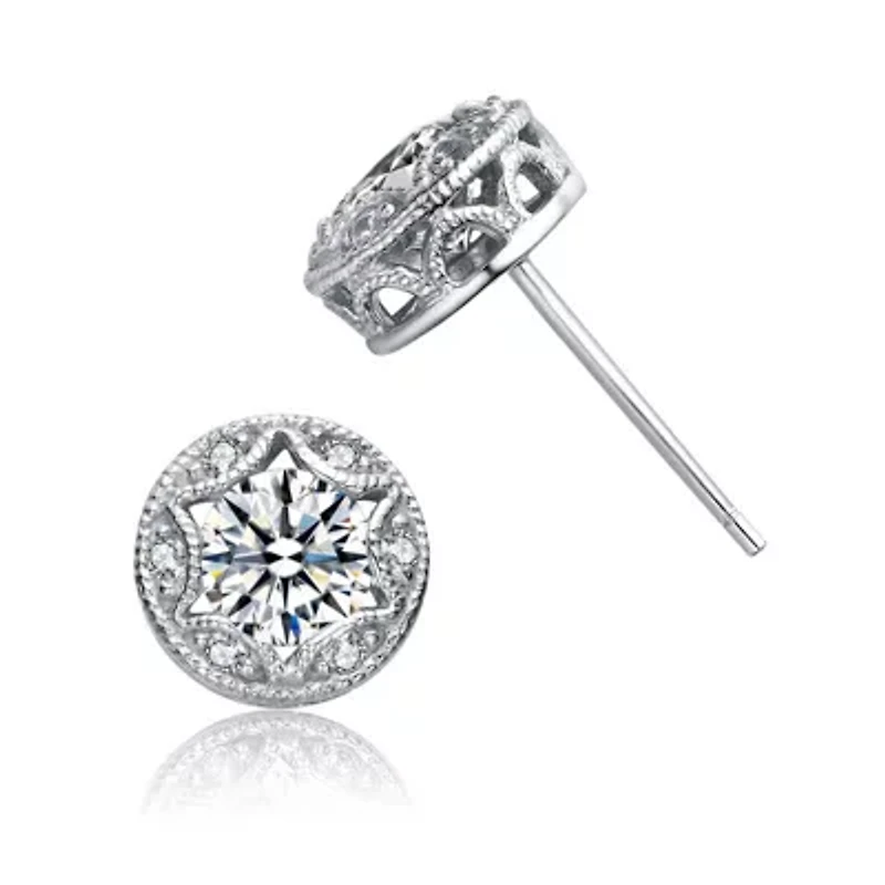 Lab Created Sterling Silver White Gold Plated with Clear Cubic Zirconia Round Stud Earrings