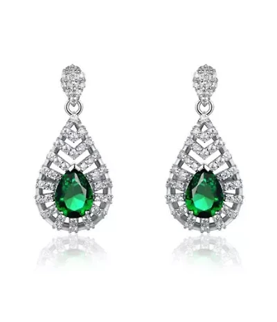 Lab Created Sterling Silver White Gold Plated with Emerald Green Cubic Zirconia Accent Drop Earrings