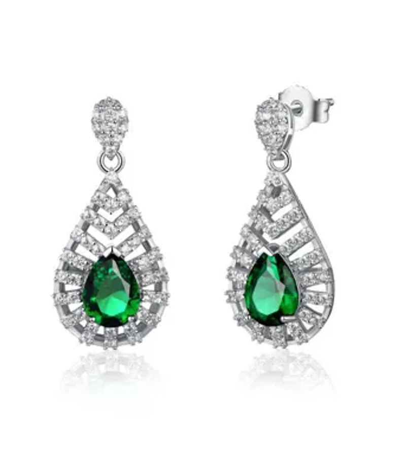 Lab Created Sterling Silver White Gold Plated with Emerald Green Cubic Zirconia Accent Drop Earrings