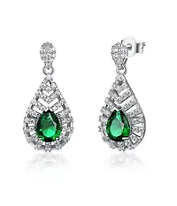 Lab Created Sterling Silver White Gold Plated with Emerald Green Cubic Zirconia Accent Drop Earrings