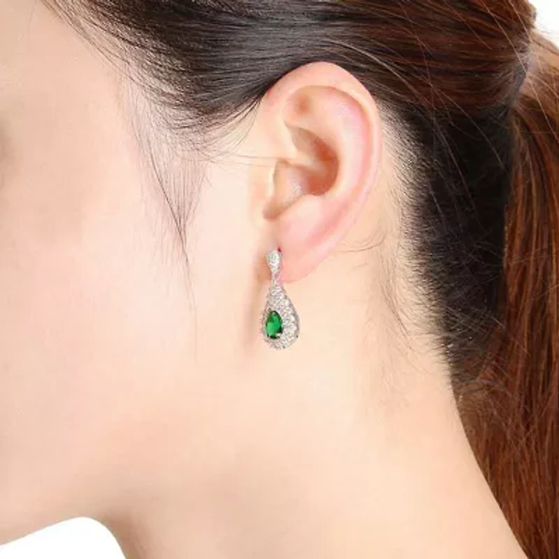 Lab Created Sterling Silver White Gold Plated with Emerald Green Cubic Zirconia Accent Drop Earrings