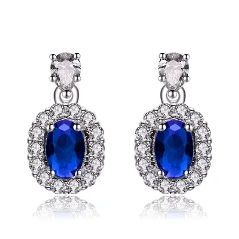 Lab Created Sterling Silver White Gold Plated with Sapphire Blue Cubic Zirconias Accent Earrings