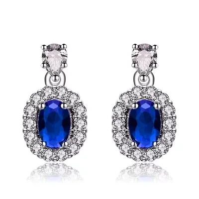 Lab Created Sterling Silver White Gold Plated with Sapphire Blue Cubic Zirconias Accent Earrings