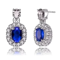 Lab Created Sterling Silver White Gold Plated with Sapphire Blue Cubic Zirconias Accent Earrings