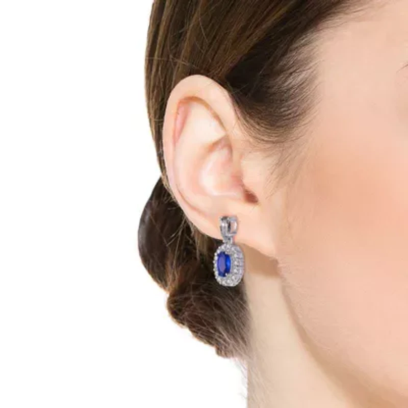 Lab Created Sterling Silver White Gold Plated with Sapphire Blue Cubic Zirconias Accent Earrings