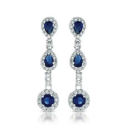 Lab Created Sterling Silver White Gold Plated with Sapphire Blue Cubic Zirconia Linear 3-Stone Dangle Earrings