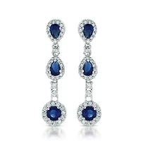 Lab Created Sterling Silver White Gold Plated with Sapphire Blue Cubic Zirconia Linear 3-Stone Dangle Earrings