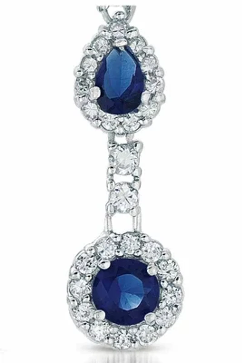Lab Created Sterling Silver White Gold Plated with Sapphire Blue Cubic Zirconia Linear 3-Stone Dangle Earrings