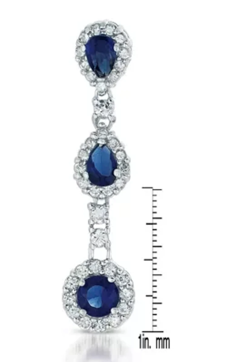 Lab Created Sterling Silver White Gold Plated with Sapphire Blue Cubic Zirconia Linear 3-Stone Dangle Earrings