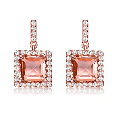 Lab Created Sterling Silver 18K Rose Gold Plated with Square Champagne Cubic Zirconia Drop Earrings