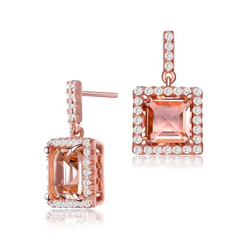 Lab Created Sterling Silver 18K Rose Gold Plated with Square Champagne Cubic Zirconia Drop Earrings