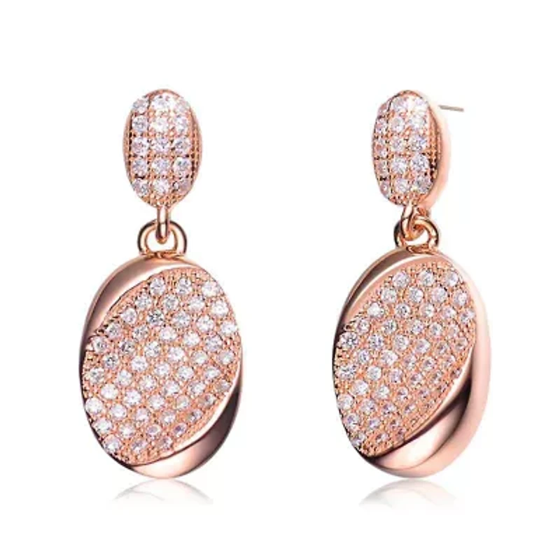 Lab Created Sterling Silver 18K Rose Gold Plated with Clear Pave Set Cubic Zirconia Dangle Earrings