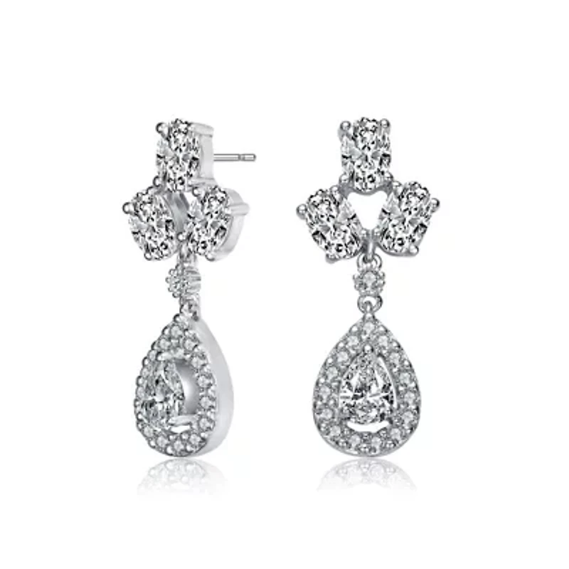 Lab Created Sterling Silver White Gold Plated with Clear Pear & Round Cubic Zirconia Accent Drop Earrings