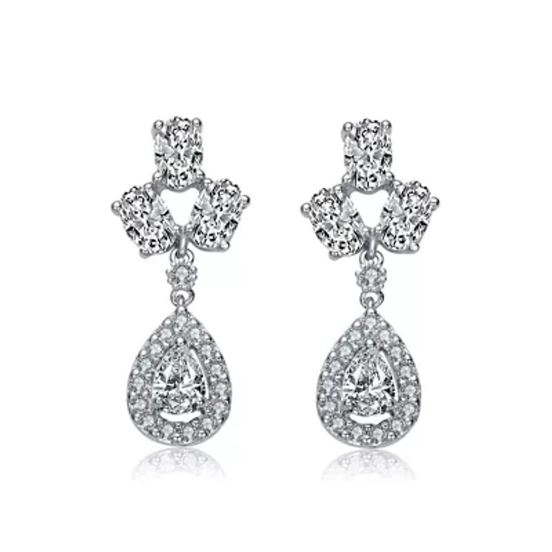 Lab Created Sterling Silver White Gold Plated with Clear Pear & Round Cubic Zirconia Accent Drop Earrings