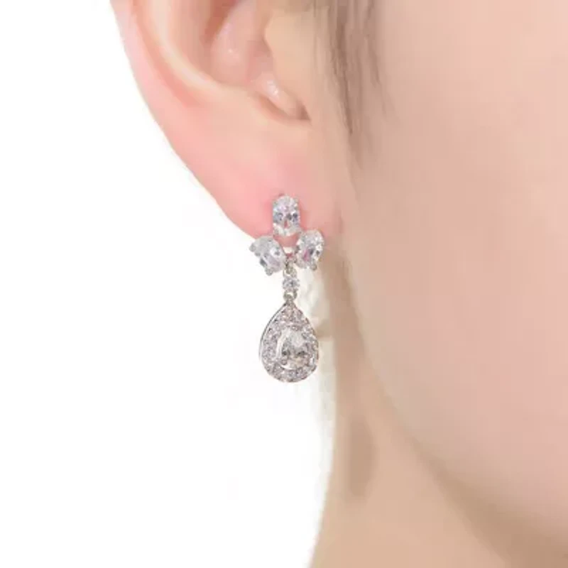 Lab Created Sterling Silver White Gold Plated with Clear Pear & Round Cubic Zirconia Accent Drop Earrings