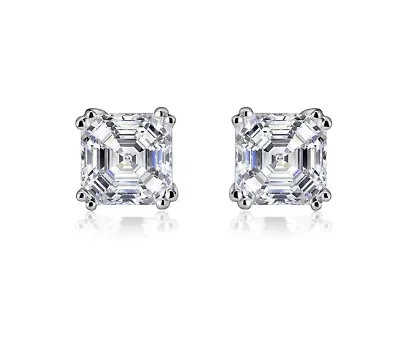 Lab Created Sterling Silver White Gold Plated with Cubic Zirconia Assher Cut Square Stud Earrings