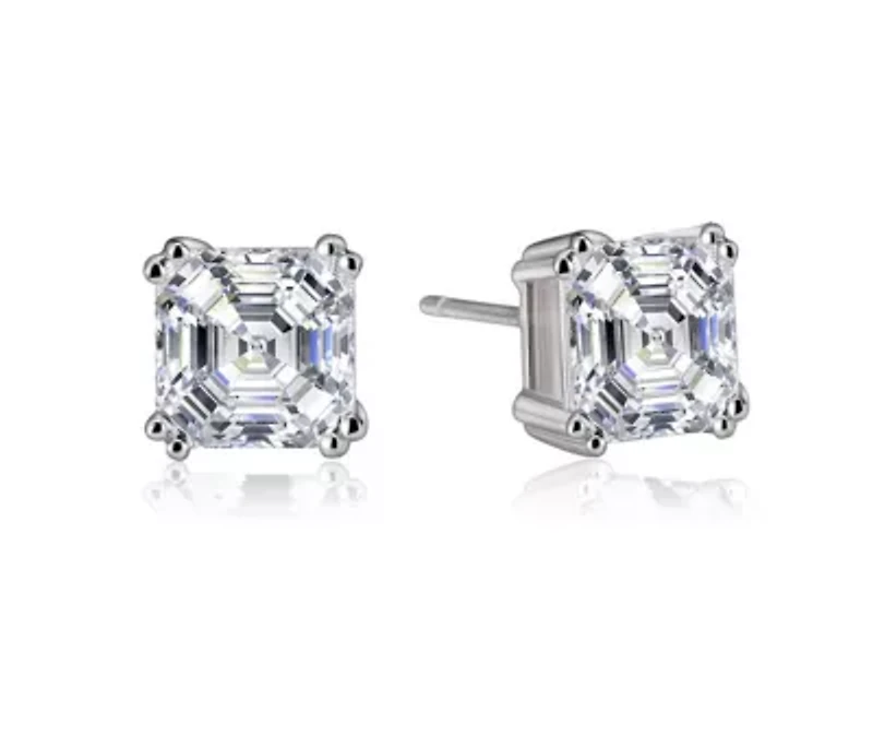 Lab Created Sterling Silver White Gold Plated with Cubic Zirconia Assher Cut Square Stud Earrings