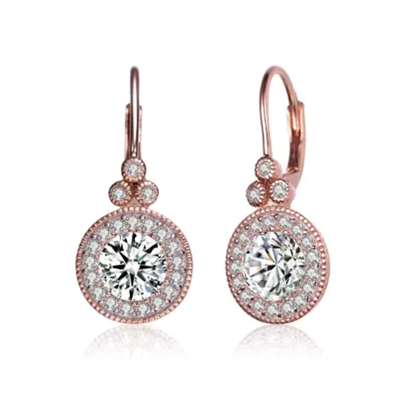 Lab Created Sterling Silver 18K Rose Gold Plated with Clear Cubic Zirconia Drop Earrings