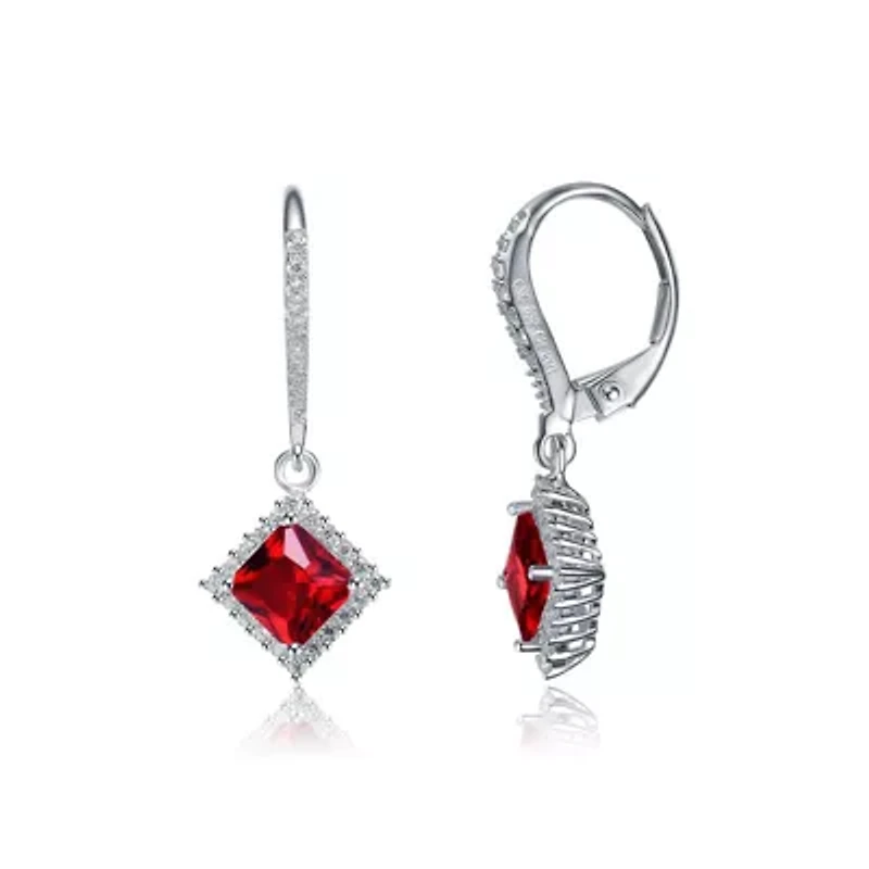 Lab Created Sterling Silver White Gold Plating with Ruby Red Cubic Zirconia Dangle Earrings