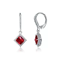 Lab Created Sterling Silver White Gold Plating with Ruby Red Cubic Zirconia Dangle Earrings
