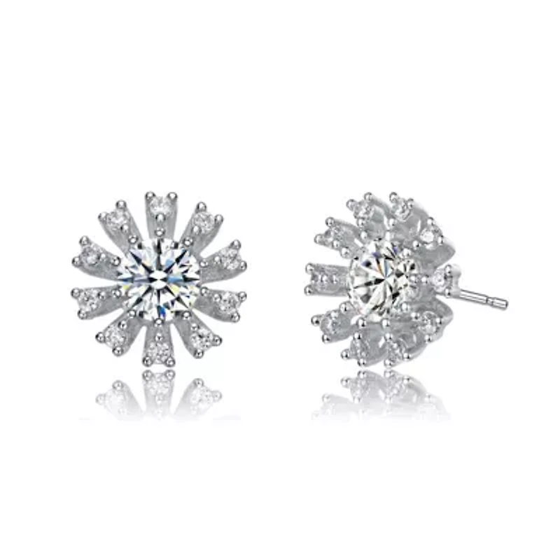 Lab Created Sterling Whtie Gold Plated with Clear Round & Baguette Cubic Zirconia Flower Stud Earrings