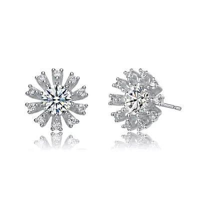 Lab Created Sterling Whtie Gold Plated with Clear Round & Baguette Cubic Zirconia Flower Stud Earrings