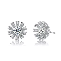 Lab Created Sterling Whtie Gold Plated with Clear Round & Baguette Cubic Zirconia Flower Stud Earrings