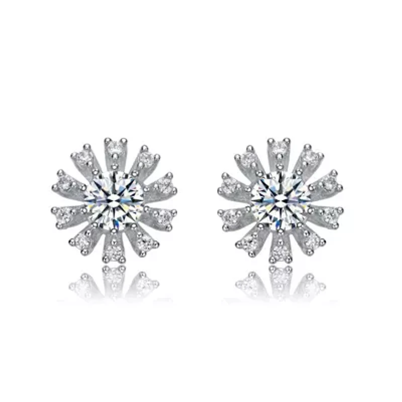 Lab Created Sterling Whtie Gold Plated with Clear Round & Baguette Cubic Zirconia Flower Stud Earrings