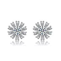Lab Created Sterling Whtie Gold Plated with Clear Round & Baguette Cubic Zirconia Flower Stud Earrings