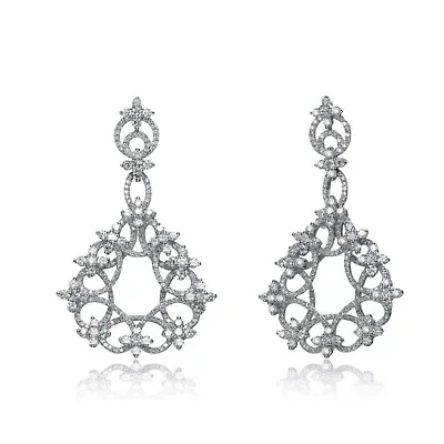 Lab Created Sterling Silver White Gold Plated with Clear Cubic Zirconia Round Swirl Design Lace Earrings