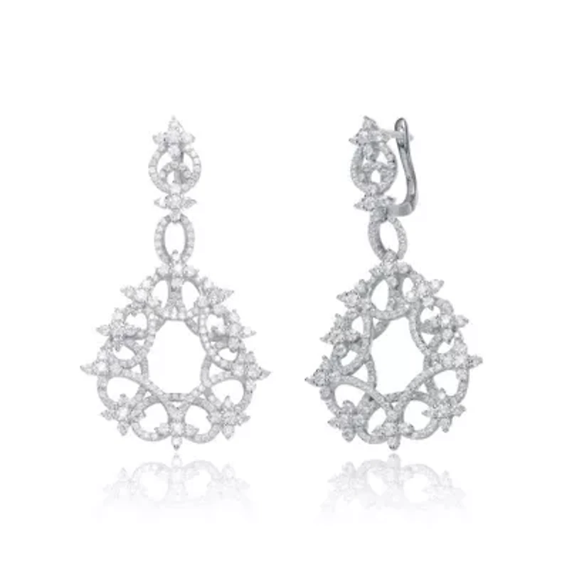 Lab Created Sterling Silver White Gold Plated with Clear Cubic Zirconia Round Swirl Design Lace Earrings