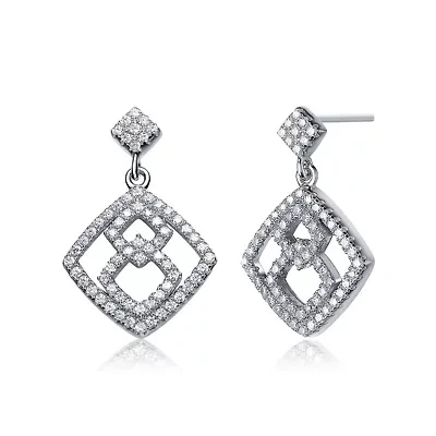 Lab Created Sterling Silver White Gold Plated with Clear Cubic Zirconia Rhombus Shape Dangle Earrings