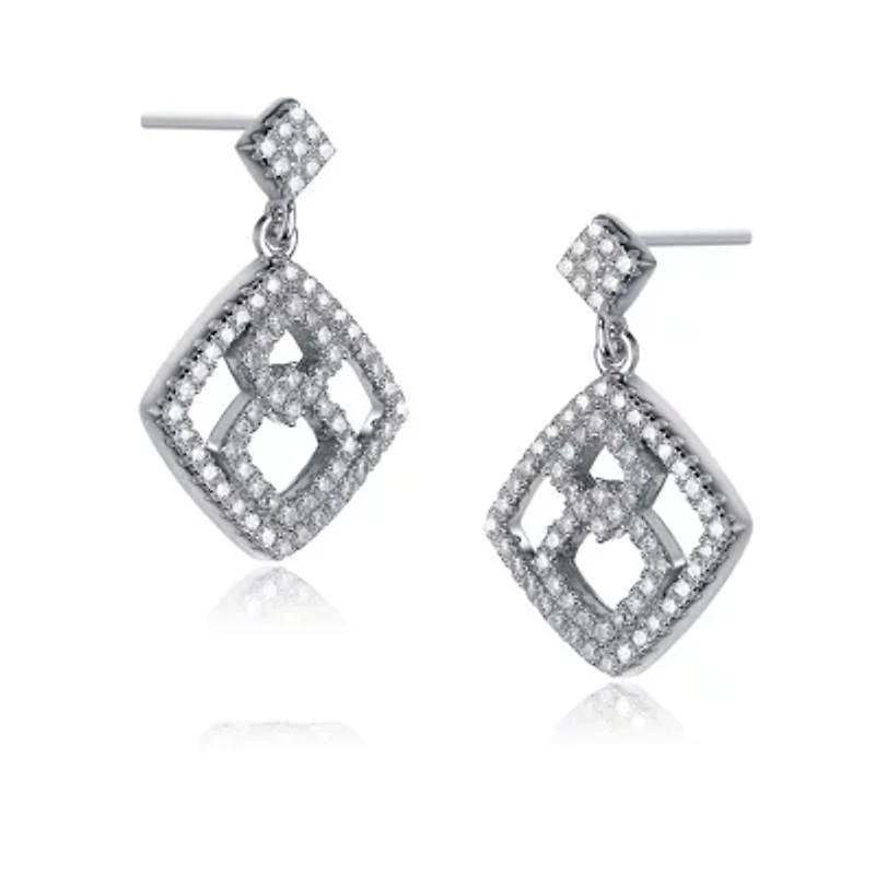 Lab Created Sterling Silver White Gold Plated with Clear Cubic Zirconia Rhombus Shape Dangle Earrings