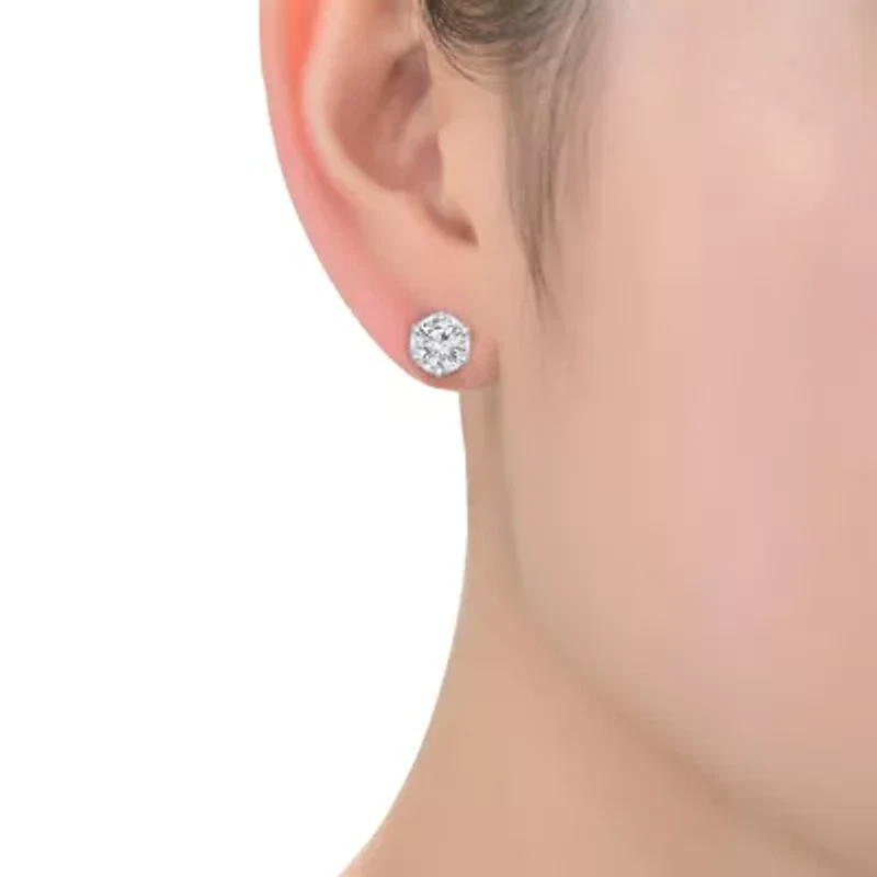 Lab Created Sterling Silver White Gold Plated Round-cut Cubic Zirconia Stone stud Earring