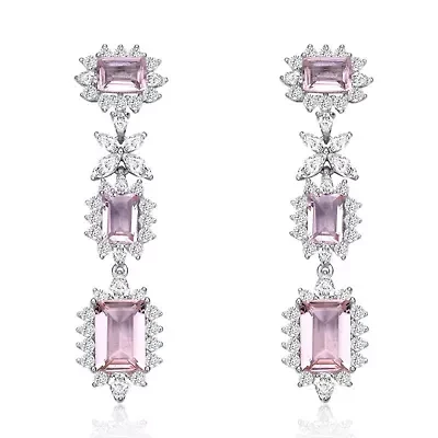 Lab Created Sterling Silver White Gold Plated with Morganite Cubic Zirconia Halo Three-Stone Earrings
