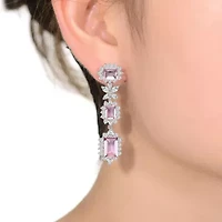 Lab Created Sterling Silver White Gold Plated with Morganite Cubic Zirconia Halo Three-Stone Earrings