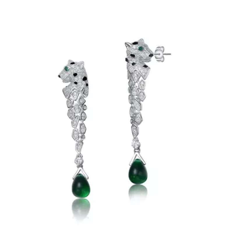 Lab Created Sterling Silver White Gold Plated with Emerald Green Cubic Zirconia Fauna Drop Earrings