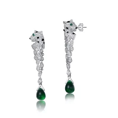 Lab Created Sterling Silver White Gold Plated with Emerald Green Cubic Zirconia Fauna Drop Earrings