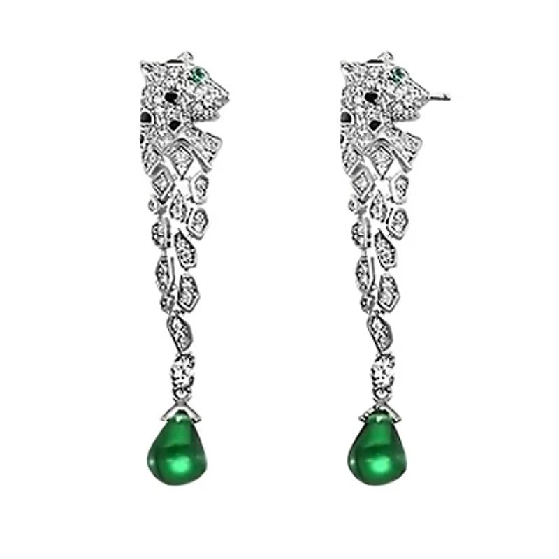 Lab Created Sterling Silver White Gold Plated with Emerald Green Cubic Zirconia Fauna Drop Earrings