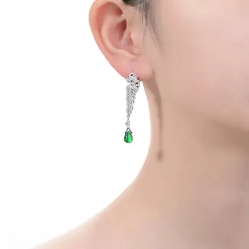 Lab Created Sterling Silver White Gold Plated with Emerald Green Cubic Zirconia Fauna Drop Earrings