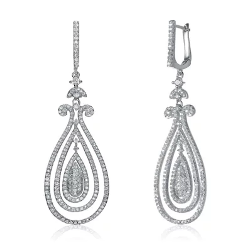 Lab Created Sterling Silver White Gold Plated with Clear Cubic Zirconia Triple Outlined Teardrop Earrings