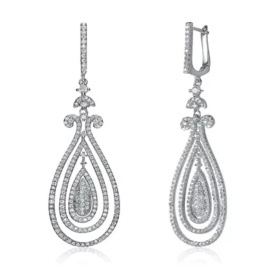 Lab Created Sterling Silver White Gold Plated with Clear Cubic Zirconia Triple Outlined Teardrop Earrings